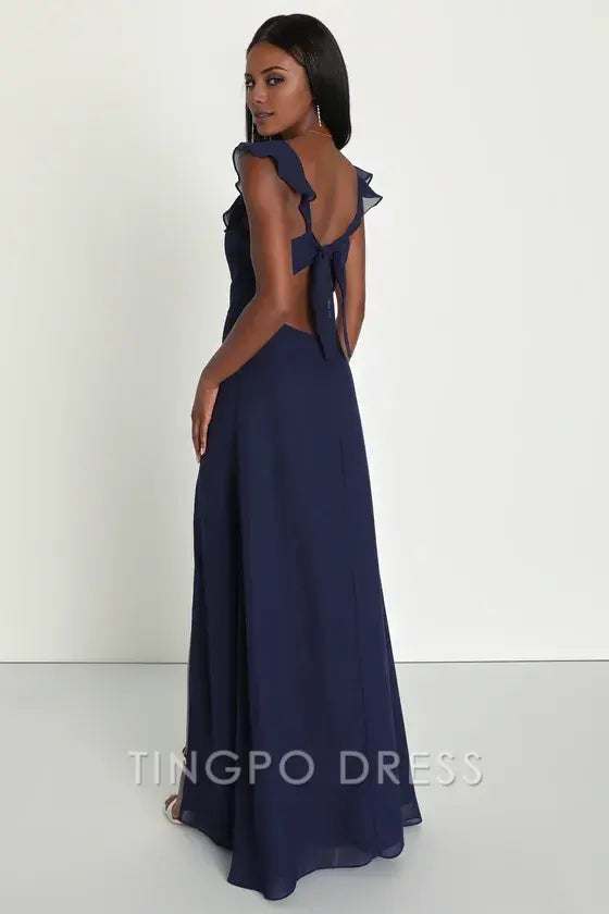 TingPo Wholesale Signature Elegance Sweetest Entrance Navy Blue Ruffled Tie-Back Maxi Dress formal wear dresses 